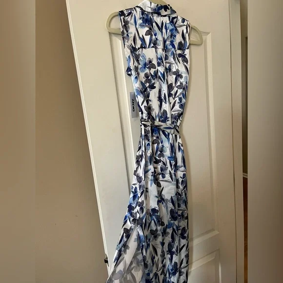 DKNY Floral Blue and White Belted Sleeveless Dress Women’s Size 2 - Picture 7 of 14